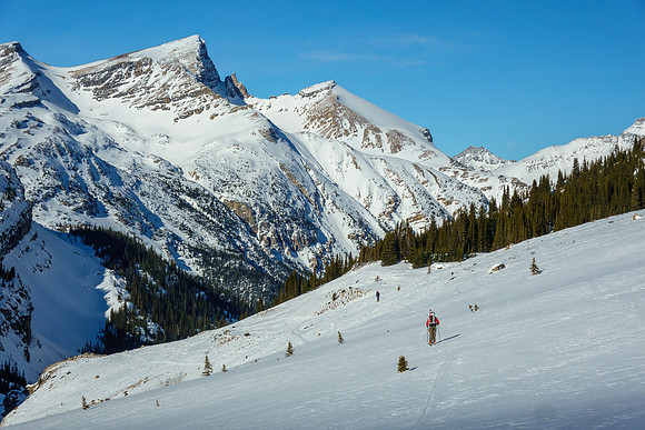 Skiing down into the approach canyon.