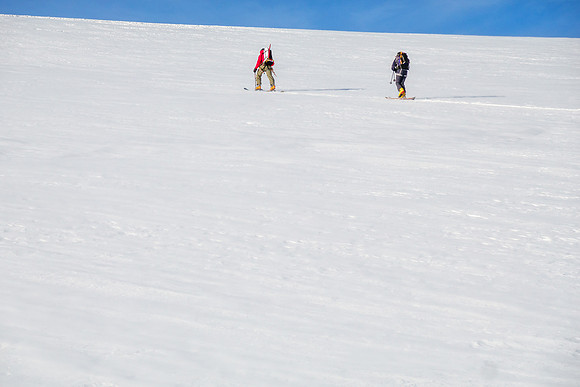 Skiing up the headwall to the Wapta above the Bow Hut.