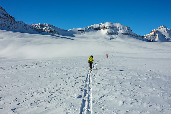Skiing up to the eastern Wapta, looking back.