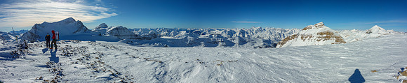 Summit views west include (L to R), Collie, des Poilus, Laussedat, Lotosky, Poland, Mummery, Cairnes, Ayesha, Baker and Mistaya (R).