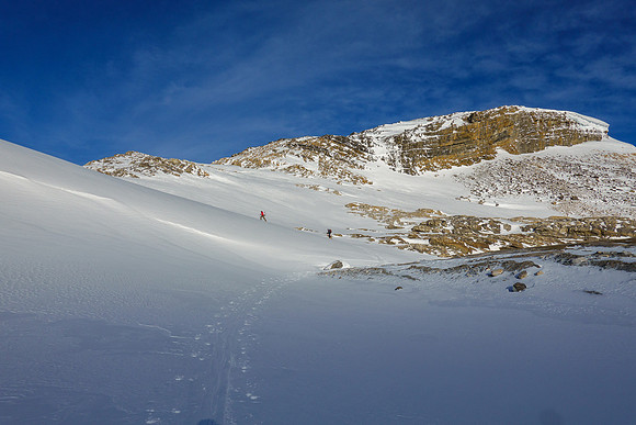 Skiing up the headwall to the Wapta above the Bow Hut.