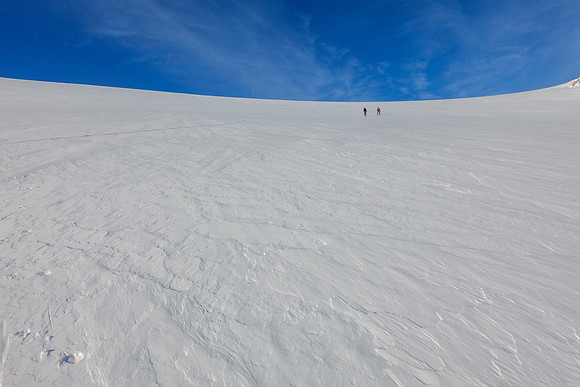 Skiing up the headwall to the Wapta above the Bow Hut.