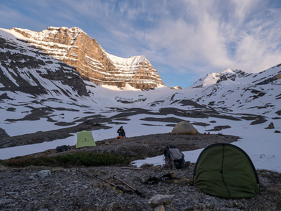Camp the next day - feels good to be done already! Cirrus in the far distance at right.
