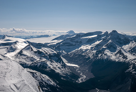 Looking up the North Saskatchewan River towards Mount Columbia in the far distance.