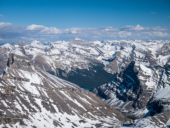 Looking past Tuft Peak (L) and over Pinto Lake towards Mount Cline.
