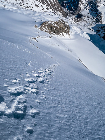 Looking back at our ascent tracks. The snow was just soft enough to give our 'shoes good purchase but not too soft to be dangerous.