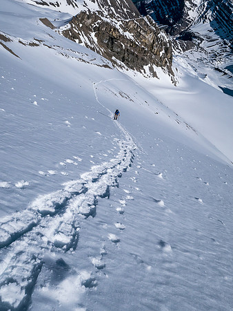 Looking back at our ascent tracks. The snow was just soft enough to give our 'shoes good purchase but not too soft to be dangerous.