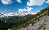 Staying high on climber's left as we cross avy slopes above the steep gully. This is looking back at Amery (L) and Saskatchewan (R).