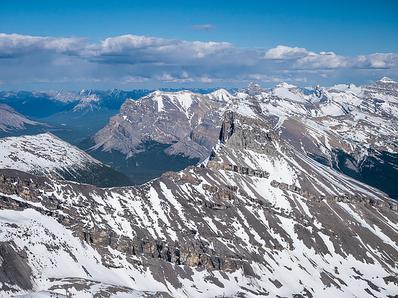 Tuft Peak in the foreground has a difficult looking summit block. Sibbald, Harlan, Minster, Horse and Colt are just beyond