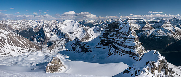 Another dramatic panorama of Eric coming up the south ridge of Cirrus with the two 'fins' behind him.
