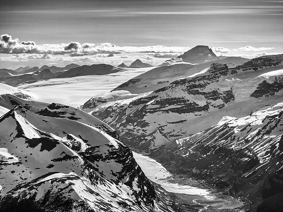 Mount Columbia looms over Andromeda and the Saskatchewan Glacier approach valley.