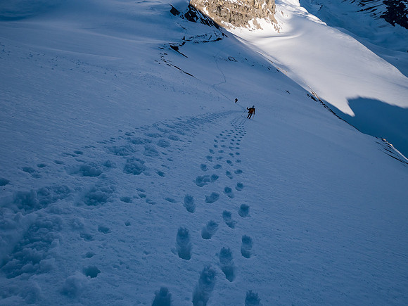 A steep and fast descent down the 30 degree face to the Huntington Glacier.