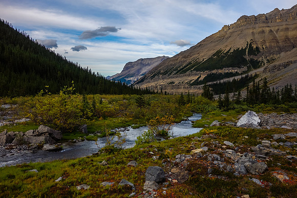Fall colors and a nice stream start off our descent.