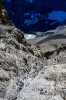 Steep and loose, looking down our ascent route. You don't want snow or ice in here!