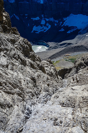 Steep and loose, looking down our ascent route. You don't want snow or ice in here!