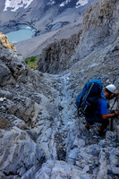 Down climbing the steep access gully.