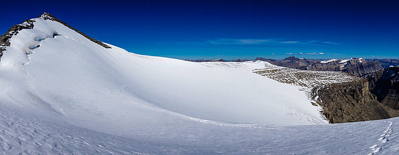 Finally back at the Amery col - our bivy is across this small glacier on the far shoulder.