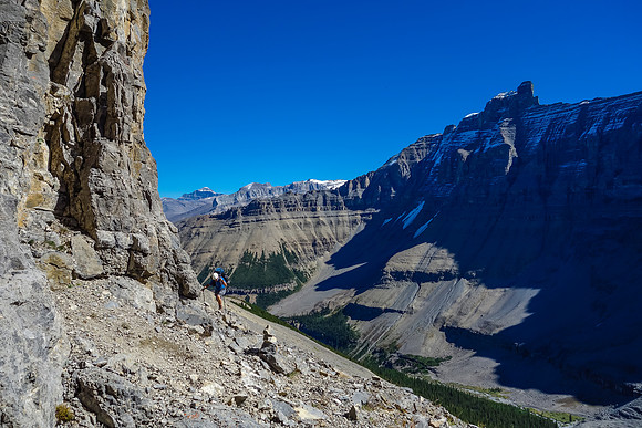 The cairn you see here is built for our return - it indicates an easy route through the upper scree slope cliff band before the couloir.