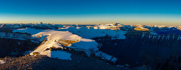 Looking across the Monchy Icefield at Mount Forbes and the Lyells. Our entire traverse is visible, ending just before Willerval on the right.