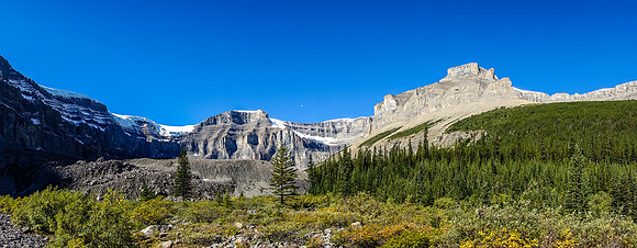 The first glacial lake is on top of the morraine on the left and Amery's ascent slopes are on the left of the right hand mountain visible here.