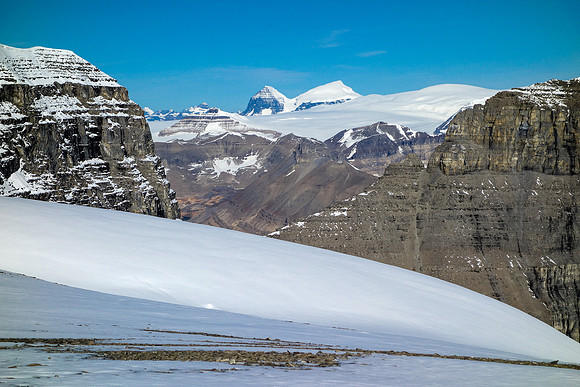 Castleguard is tiny in front of South and North Twin. Snow Dome on the right.