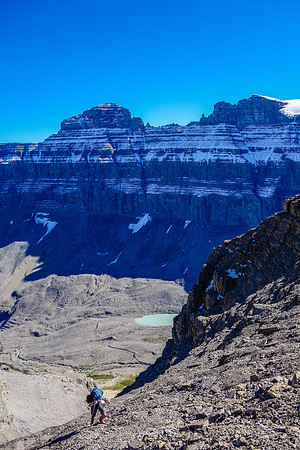 We're now above the amphitheater and gaining the shoulder under the upper cliff band guarding the summit plateau.