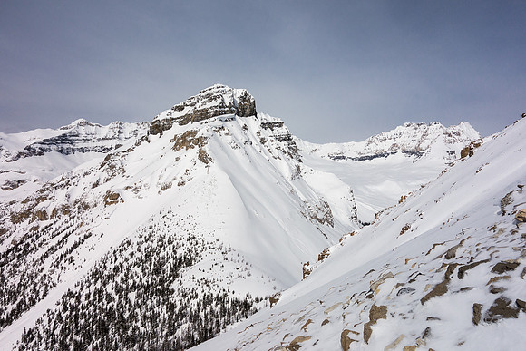 Above the avy slope, traversing climber's left for the ridge, this is looking west to Chickadee Peak.