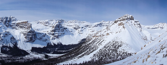 Above the avy slope, traversing climber's left for the ridge, this is looking west to Chickadee Peak.