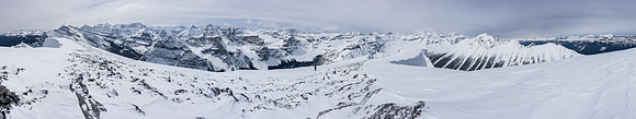 Summit panorama from Storm, Ball, Stanley and Whymper on the left to the Lake Louise peaks at center and on the right.