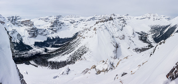 Looking back from a small chimney on the west ridge at Chickadee and Chimney Peaks at center with the Chickadee Valley at left and the Boom Lake Valley at right.