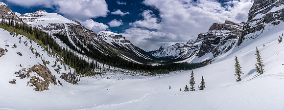 Looking down Chickadee Valley, ready for a fast ride out. The avy slope we ascended on the L with Boom Mountain in the L background.