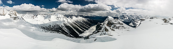 A wonderful pano over Boom Lake includes from L to R, Bident, Bell, Castle, Boom, Storm and Whymper.