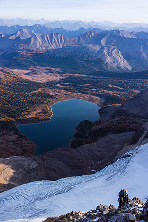 Kev climbs the north ridge of Assiniboine.