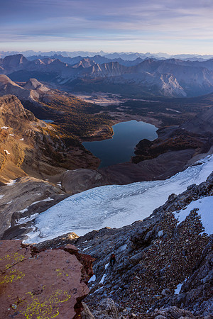 Climbing to the red band on the north ridge of Assiniboine.