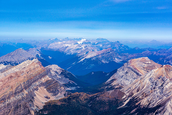 Looking over Ferro Pass with Indian Peak at left and Simpson Ridge at right. Mount Temple beyond.