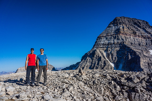 Vern and Kev on the summit of Strom with Assiniboine looming over 600 meters (2000 feet) above us.