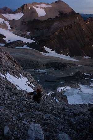 Kev climbing via headlamp on the lower ridge