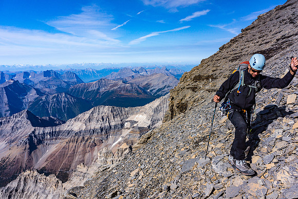 Descending the loose upper SW face of Mount Assiniboine.