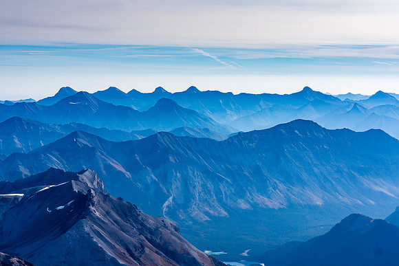 Looking east over Cone towards Nestor, Goat, Lougheed's four summits and Sparrowhawk.