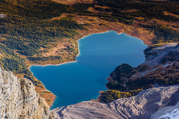 The false summit affords great views of Lake Magog - note the bright red roof of Assiniboine Lodge just right of center top?