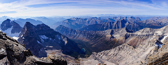 Great view down the SW face, looking at a very distant Lunette Lake and our exit valley.