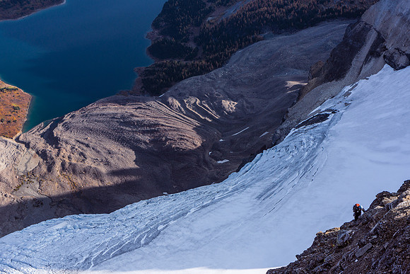 Kev climbs the north ridge of Assiniboine.