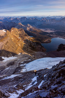 Climbing to the red band on the north ridge of Assiniboine.