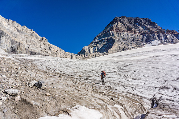 The hulking mass of Assiniboine is hard to miss as we continue up the glacier.