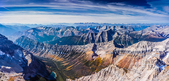 Stunning views down the Assiniboine Creek exit valley over the Mitchell Range to the Purcells.