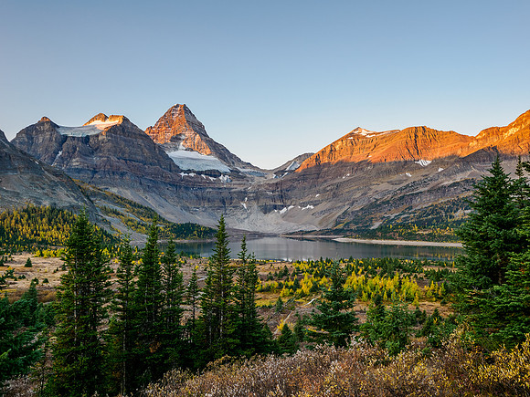 Early morning hike from Og Lake to Lake Magog. Sunrise on Mount Assiniboine.