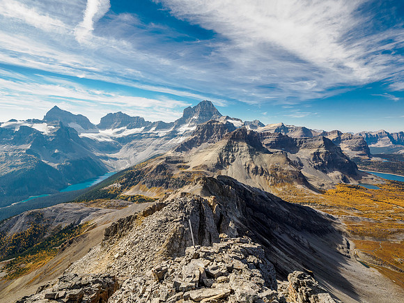 Views to Mount Assiniboine over Wonder Pass.