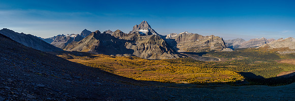 Views over the Cautley meadows to Mount Assiniboine and Wonder Pass.