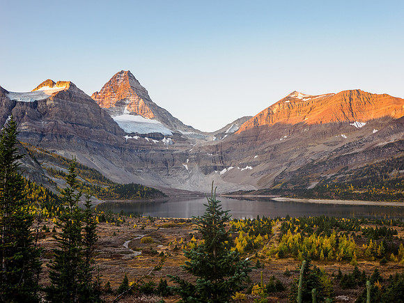 Early morning hike from Og Lake to Lake Magog. Sunrise on Mount Assiniboine.