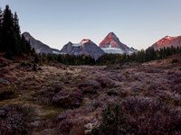 Early morning hike from Og Lake to Lake Magog. Sunrise on Mount Assiniboine.